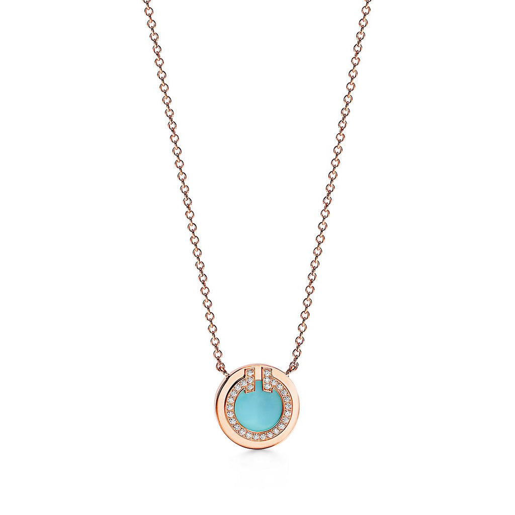 18K Tiffany Diamond & Turquoise Circle Pendant Necklace