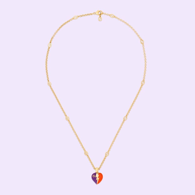 18K Double Gucci Interlocking Gucci Heart Lightning Charm Necklace