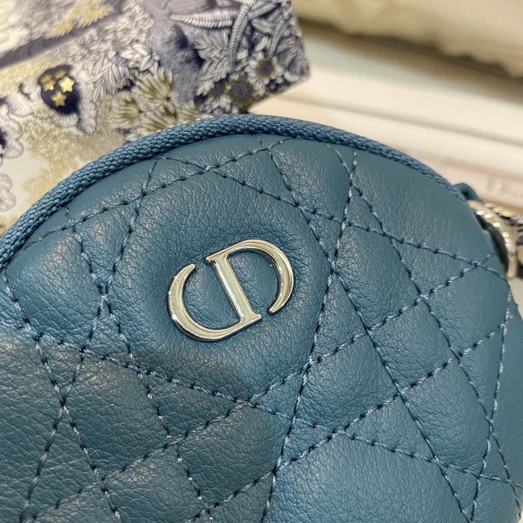 DIOR DETACHABLE CARO ROUND COIN PURSE DEEP OCEAN BLUE CANNAGE CALFSKIN