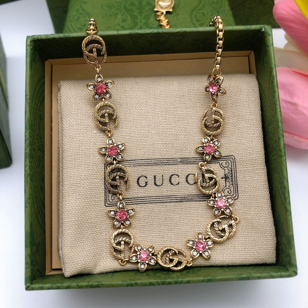 18K Double Gucci Interlocking Gucci Red Flowers Necklace