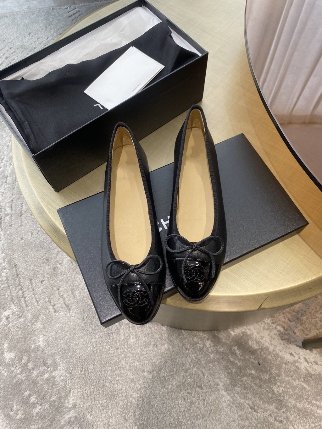 CHANEL BALLET FLATS BLACK BEIGE LAMBSKIN