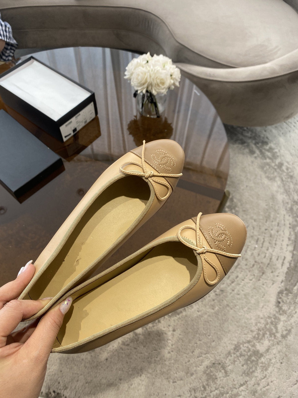 CHANEL BALLET FLATS BEIGE BROWN LAMBSKIN