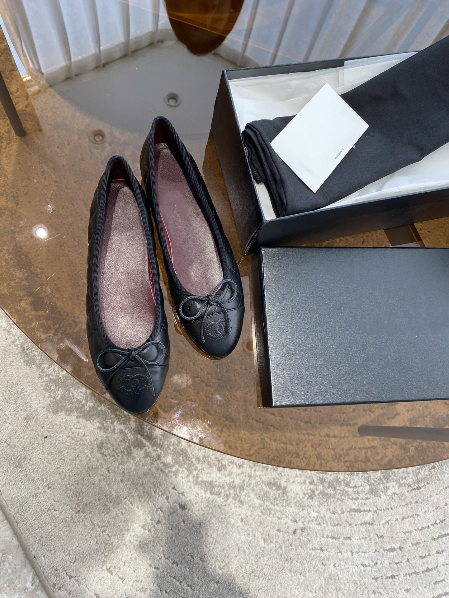 CHANEL BALLET FLATS BLACK QUILTED LAMBSKIN