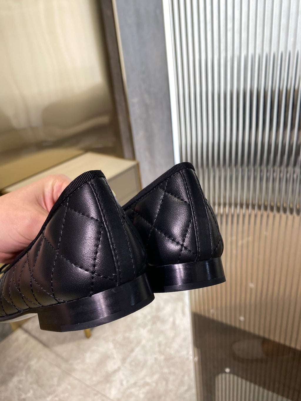 CHANEL BALLET FLATS BLACK QUILTED LAMBSKIN