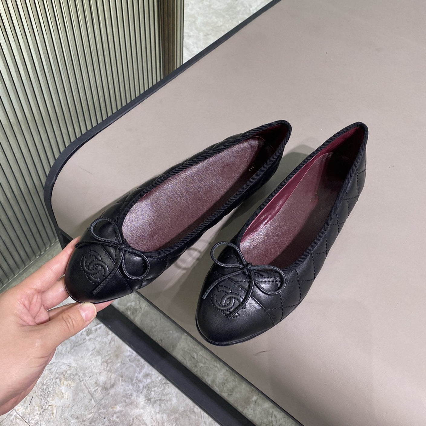 CHANEL BALLET FLATS BLACK QUILTED LAMBSKIN