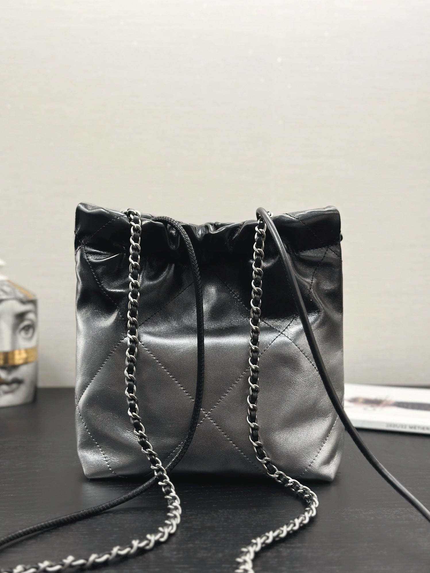 CHANEL HOBO MINI 20CM BLACK GREY LAMBSKIN SILVER HARDWARE