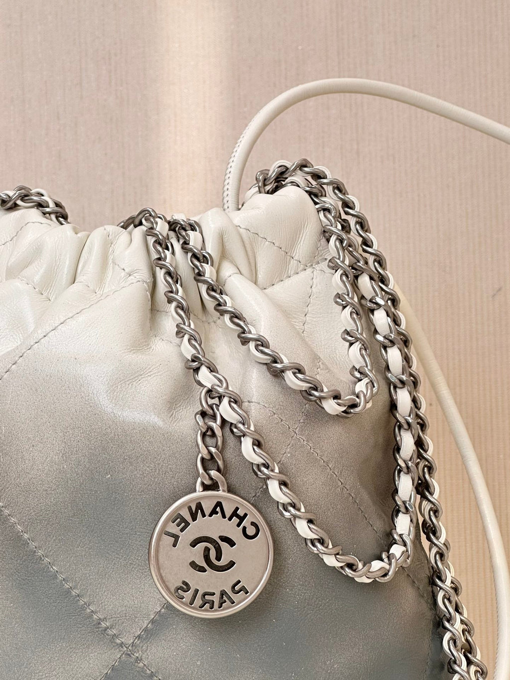 CHANEL HOBO MINI 20CM WHITE GREY LAMBSKIN SILVER HARDWARE