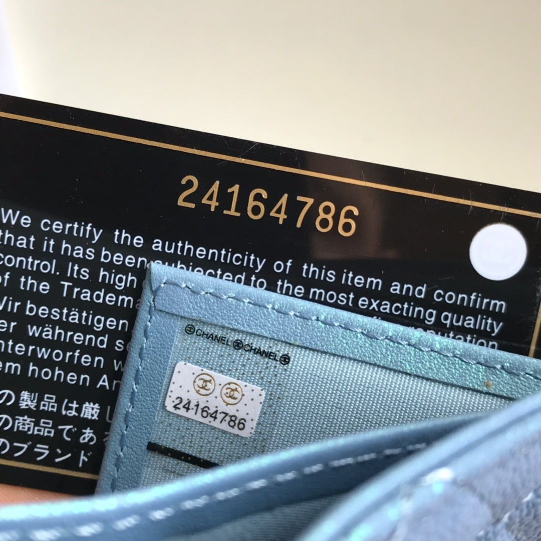 CHANEL FLAP CARD HOLDER 11.5 SKY GRAINED CALFSKIN GOLD ICON