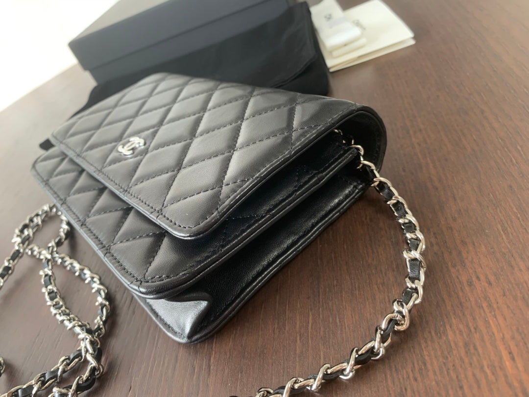 CHANEL MINI 19 CLASSIC WALLET WITH STRAP IN BLACK LAMBSKIN WITH SILVER HARDWARE