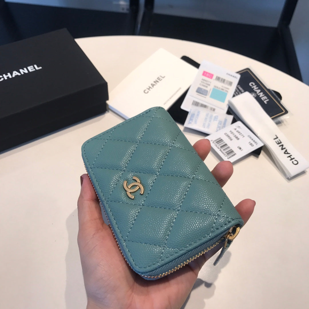 CHANEL ZIPPED COIN BASIC PURSE 11 TEAL CALFSKIN GOLD ICON