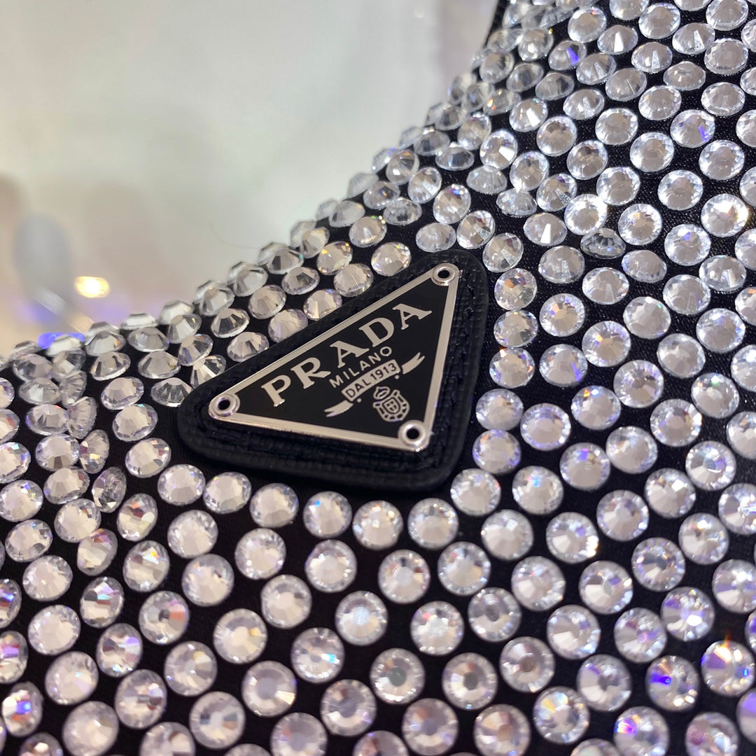 PRADA SPARKLING HOBO BAG 23 IN BLACK NYLON ATTACHED FULLY CRYSTALS