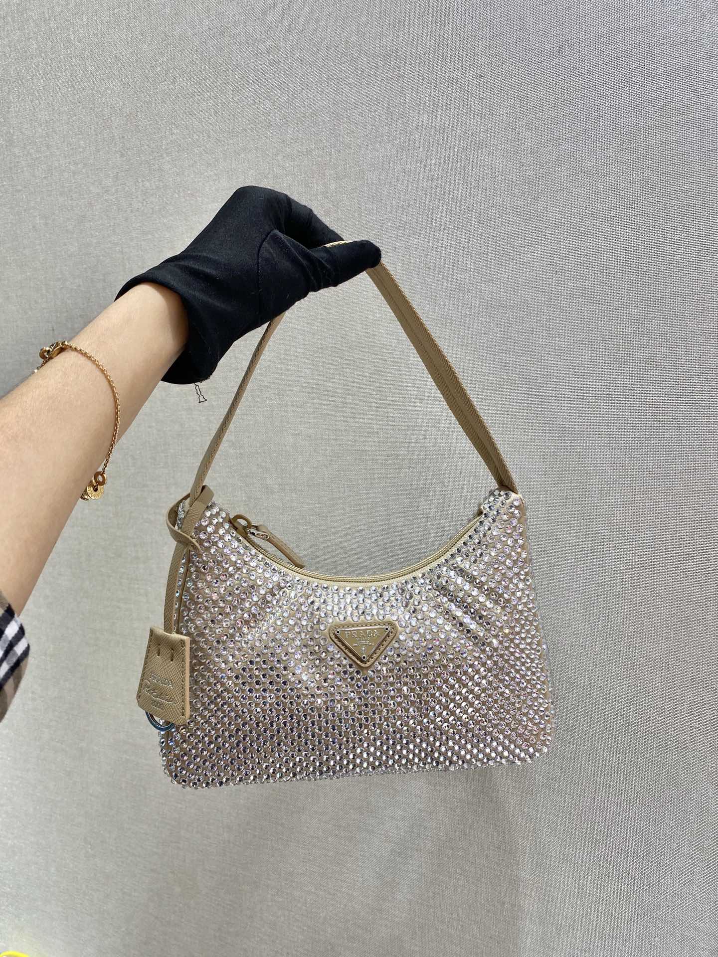 PRADA SPARKLING HOBO BAG 23 IN BEIGE NYLON ATTACHED FULLY CRYSTALS