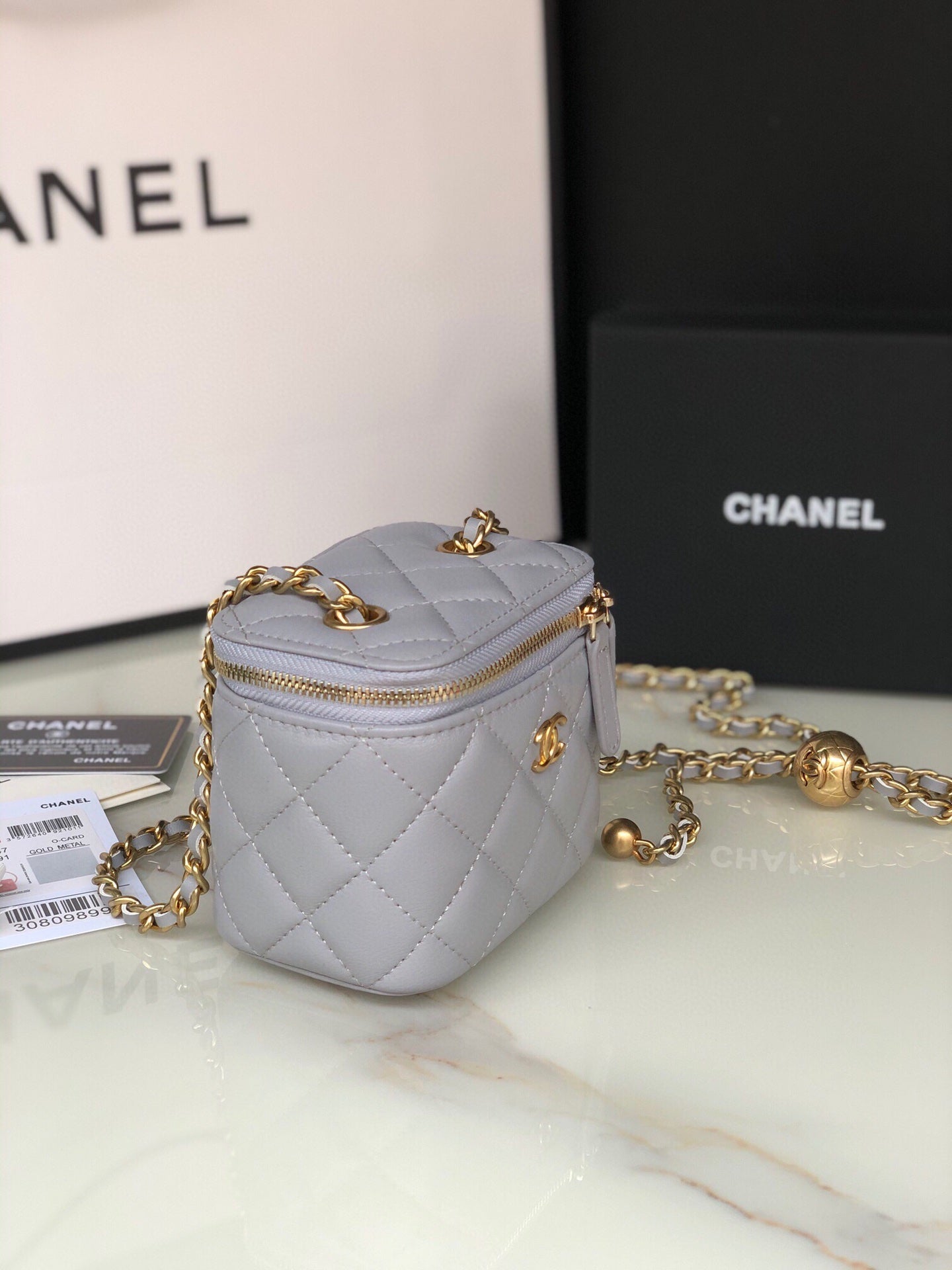 CHANEL MINI 11 VANITY CHAIN IN LIGHT GREY CALFSKIN GOLD HARDWARE