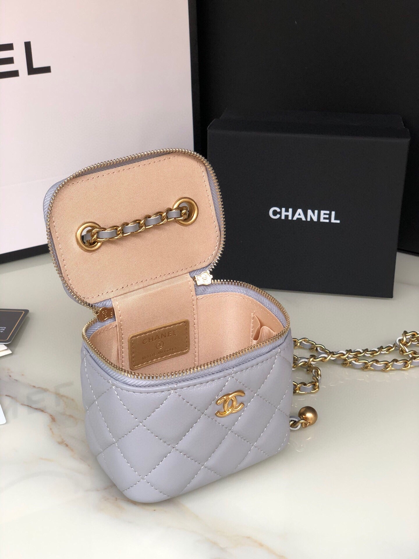 CHANEL MINI 11 VANITY CHAIN IN LIGHT GREY CALFSKIN GOLD HARDWARE