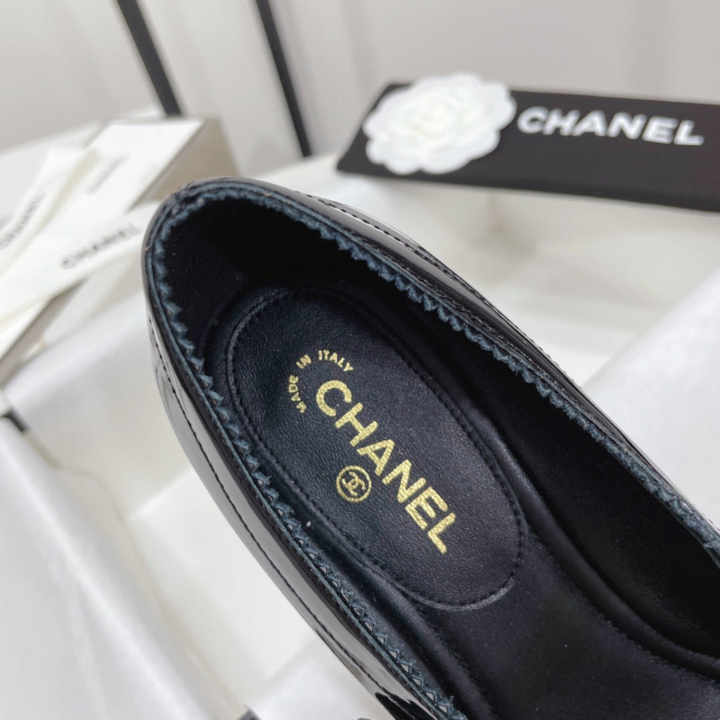 CHANEL MARY JANE BLOCK HEEL GLOSSY BLACK SHEEPSKIN
