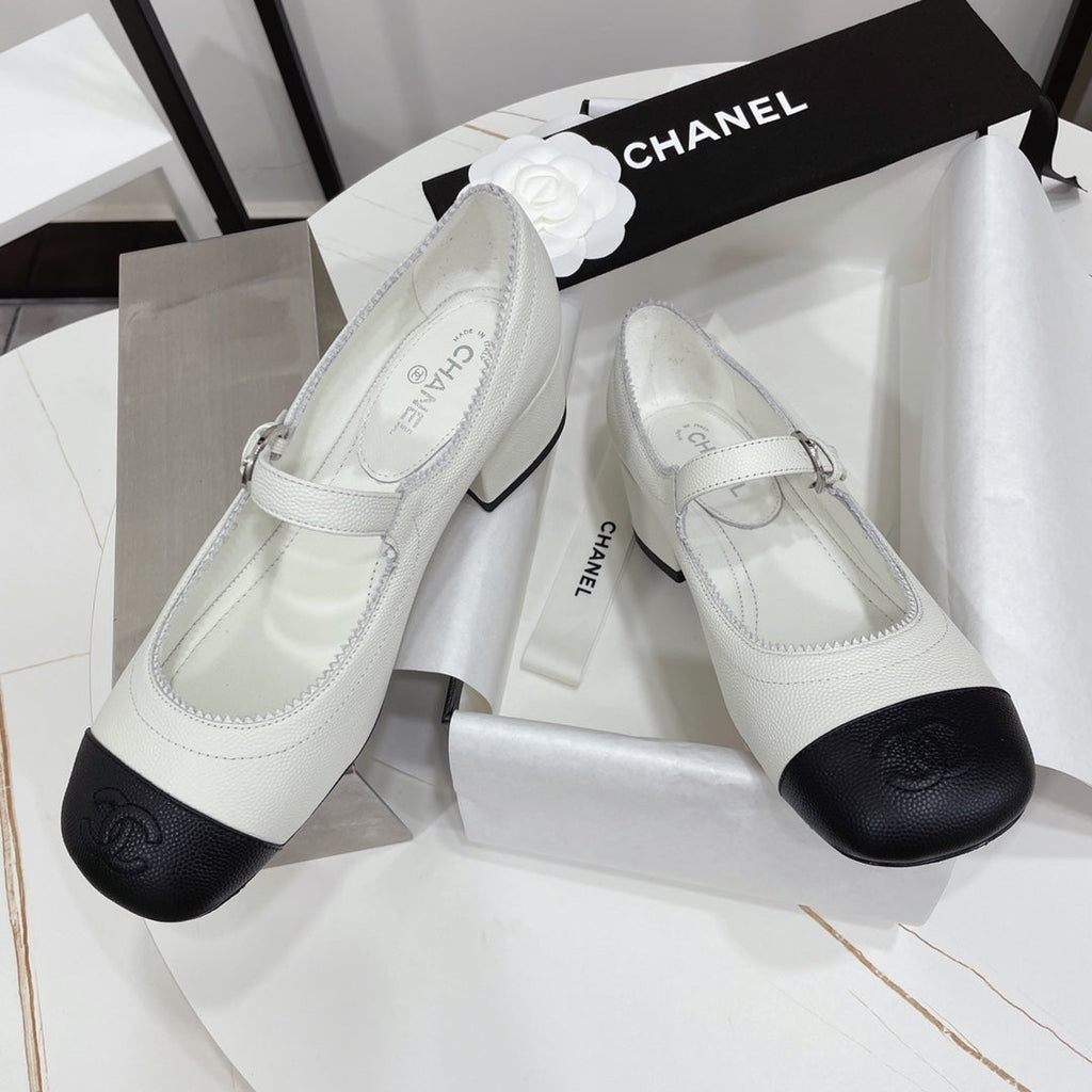 CHANEL MARY JANE BLOCK HEEL WHITE SHEEPSKIN