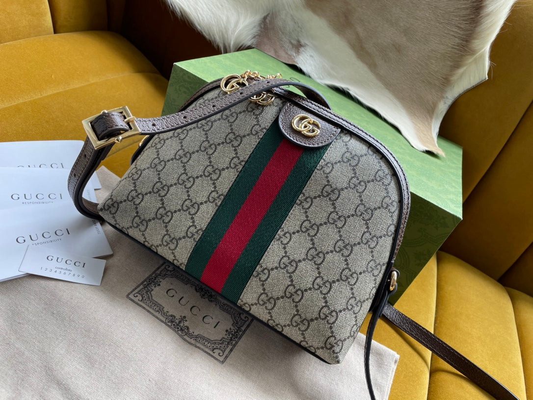 GUCCI OPHIDIA  MEDIUM 23 SHOULDER BAG BEIGE AND EBONY SUPREME CANVAS