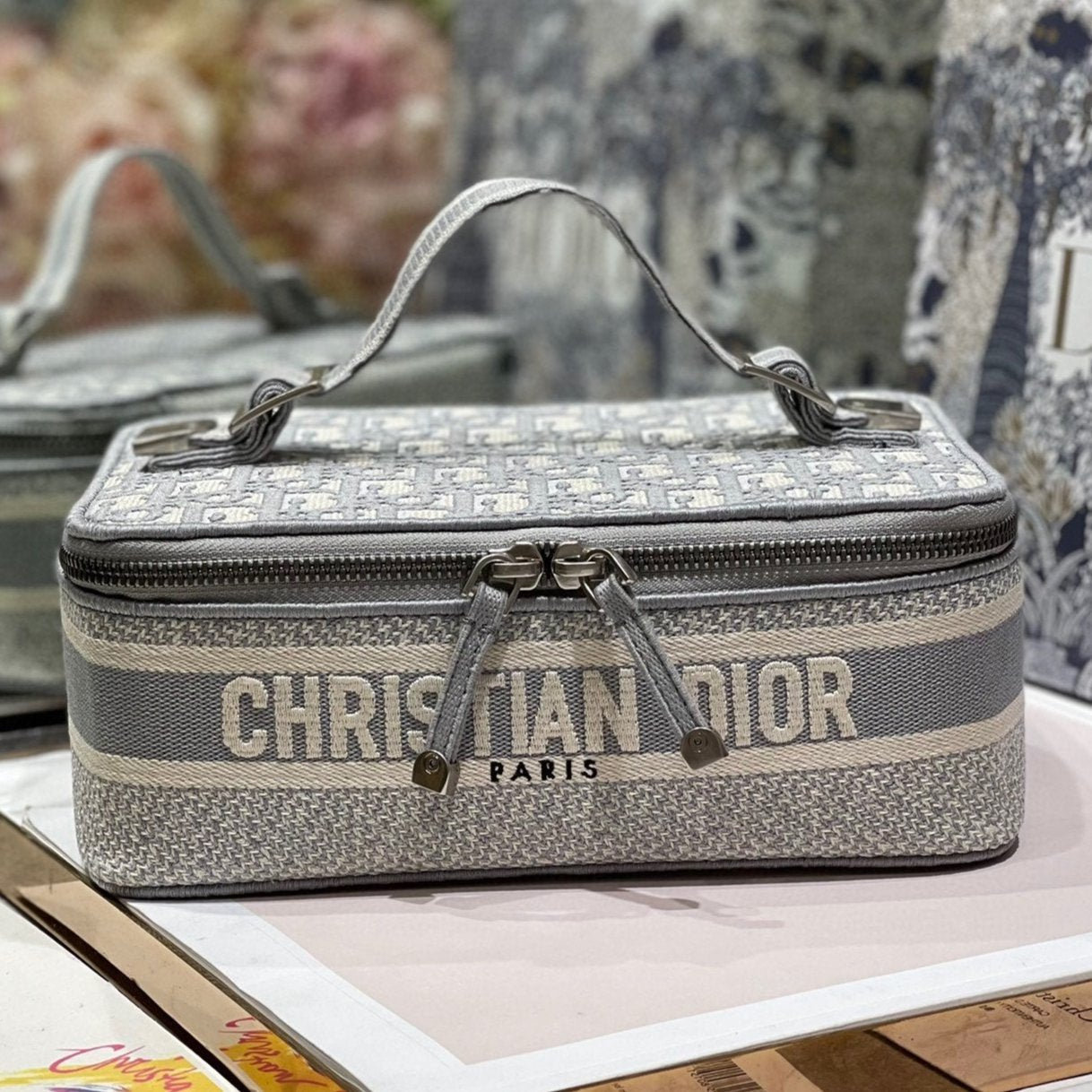 DIOR SMALL 24 VANITY CASE IN PALE GRAY MONOGRAM OBLIQUE JACQUARD
