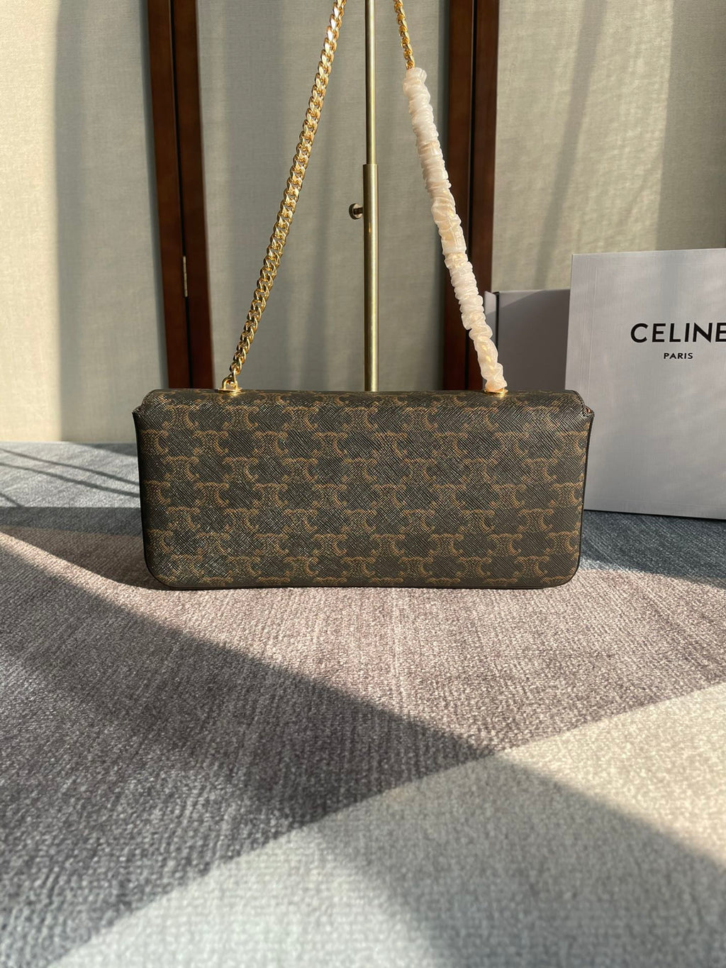 CELINE CHAIN SHOULDER BAG CLAUDE 33 IN BLACK TRIOMPHE CANVAS GOLD HARDWARE