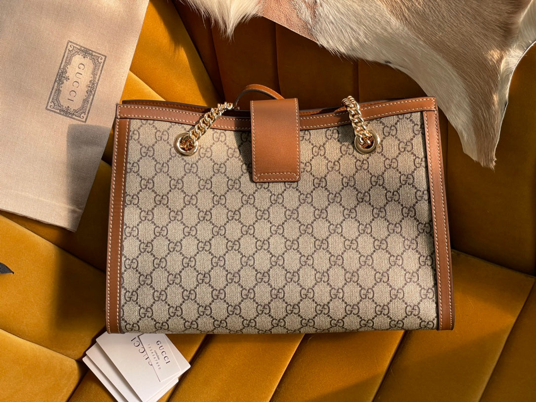GUCCI PADLOCK LARGE 35 SHOULDER BAG BEIGE CANVAS AND BROWN CALFSKIN