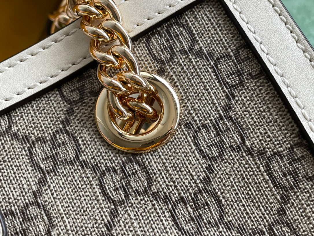 GUCCI PADLOCK MEDIUM 26 SHOULDER BAG BEIGE CANVAS AND WHITE CALFSKIN