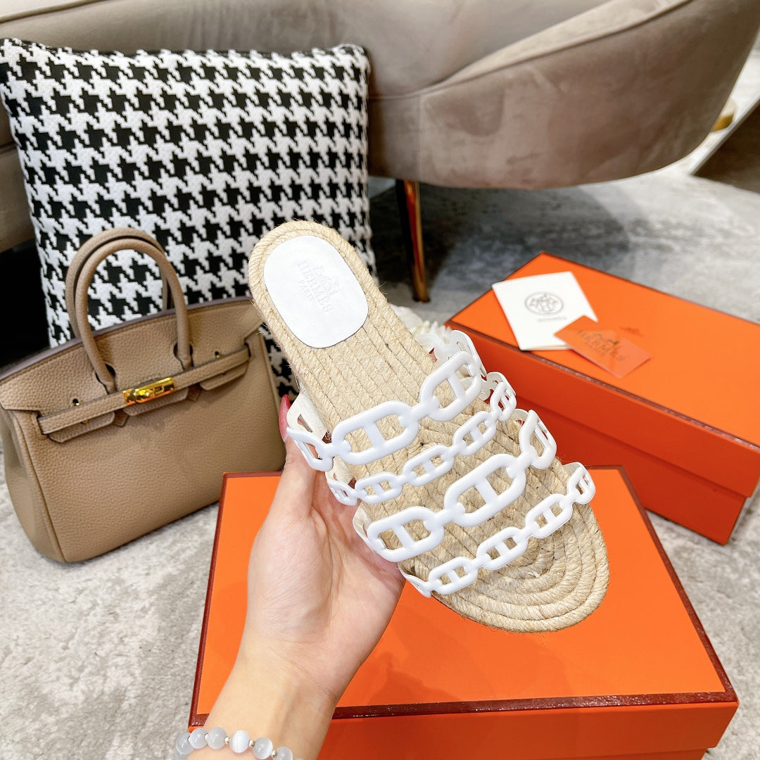 HERMES STRAW SOLE SLIPPERS WHITE LAMBSKIN