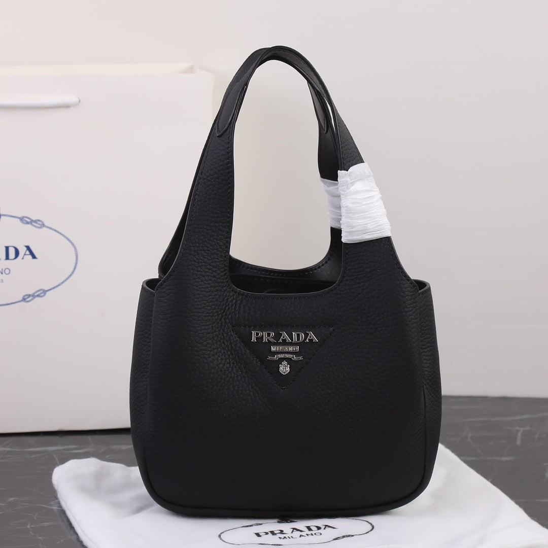 PRADA 18 DYNAMIQUE LOGO TOTE BAG IN BLACK CALFSKIN