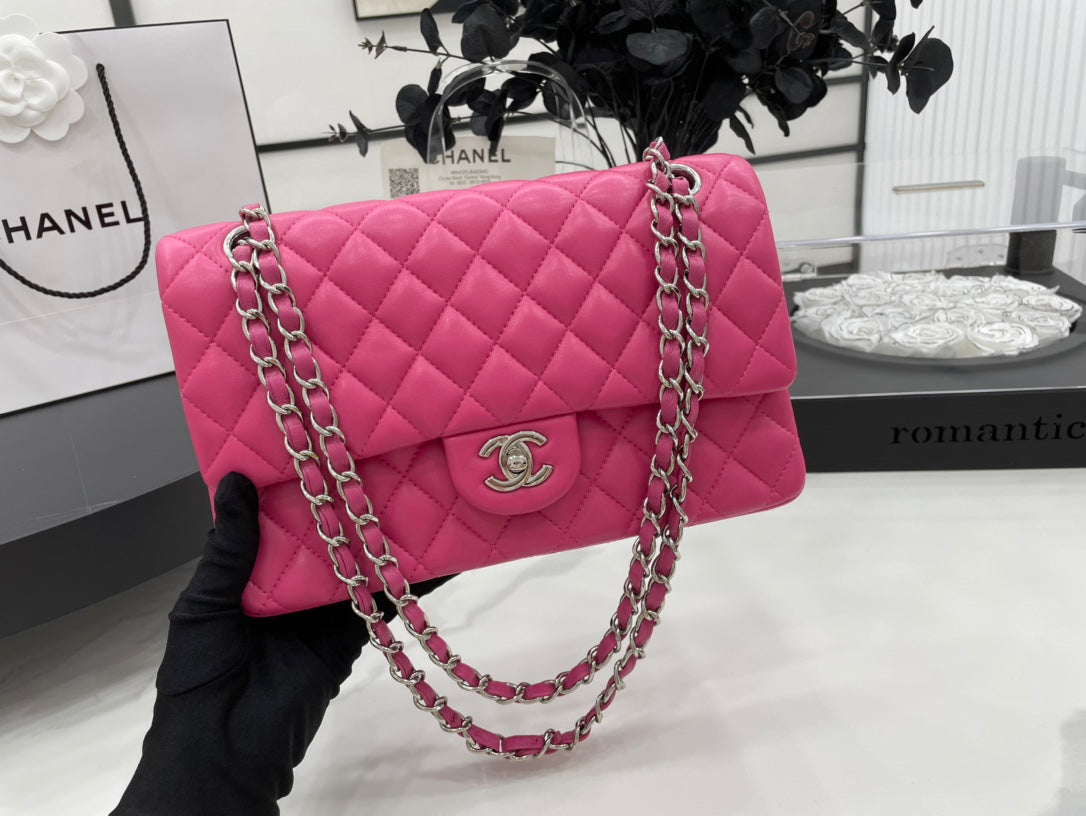 CHANEL 25 CLASSIC SMALL DOUBLE FLAP BAG IN BRIGHT PINK CALFSKIN WITH STRAP