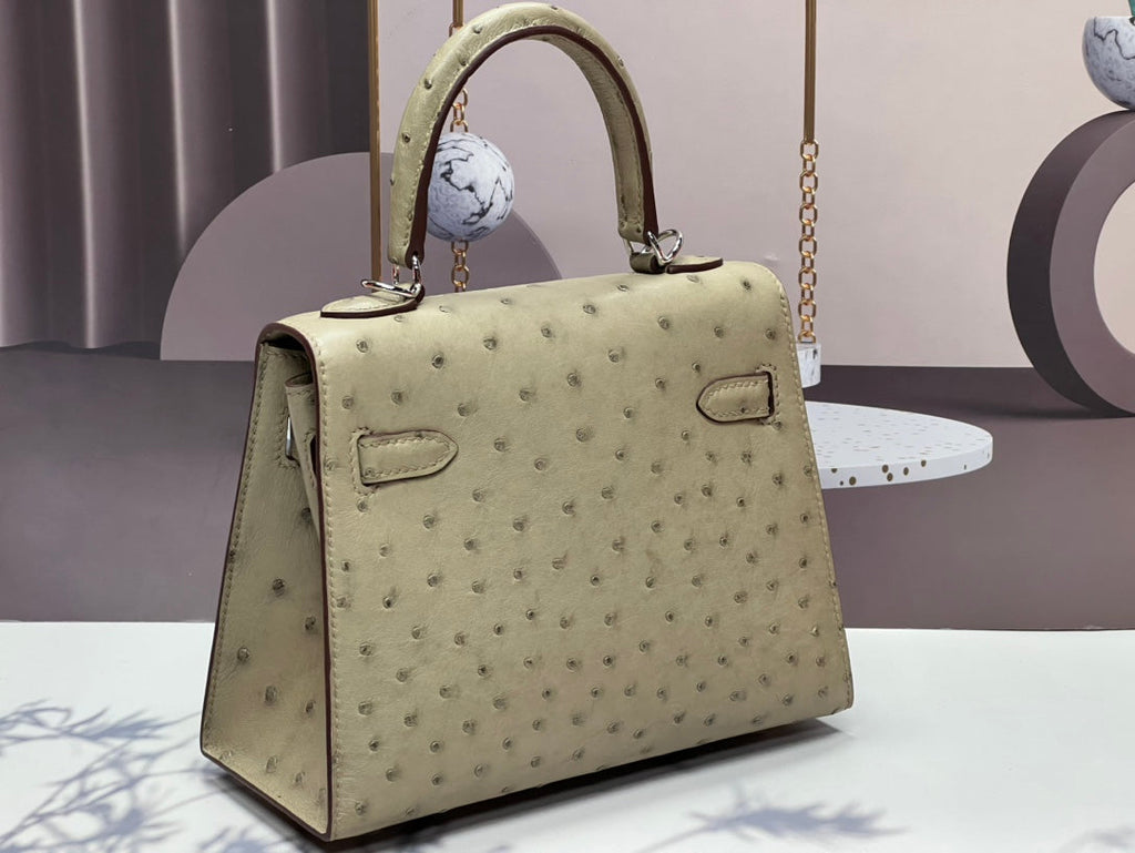 HERMES KELLY BAG 20 IN KHAKI TAN OSTRICH LEATHER WITH SILVER HARDWARE