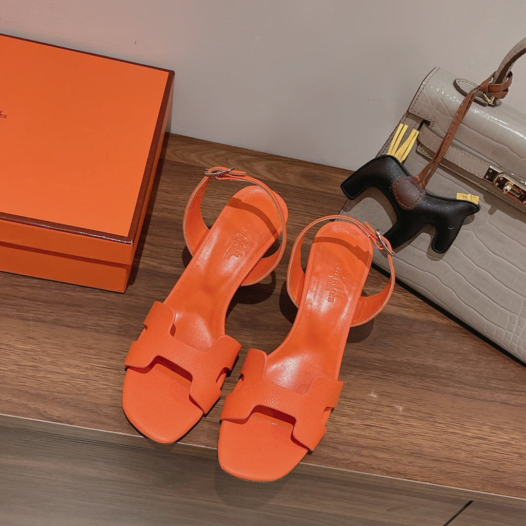 HERMES HOLY 75 SANDAL IN VIVID ORANGE GRAINED CALFSKIN