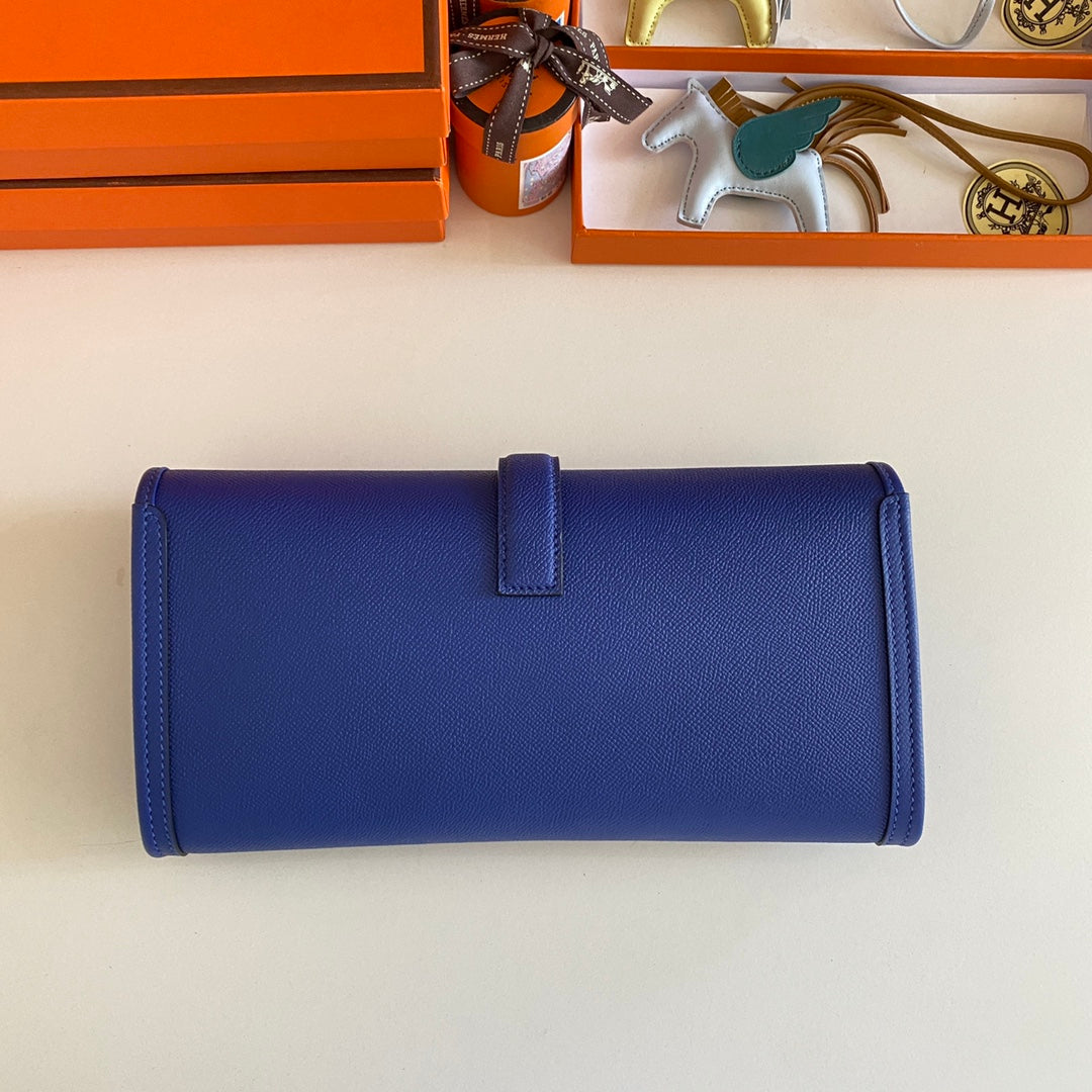 HERMES JIGE ELAN 29 CLUTCH IN COBALT BLUE CALFSKIN