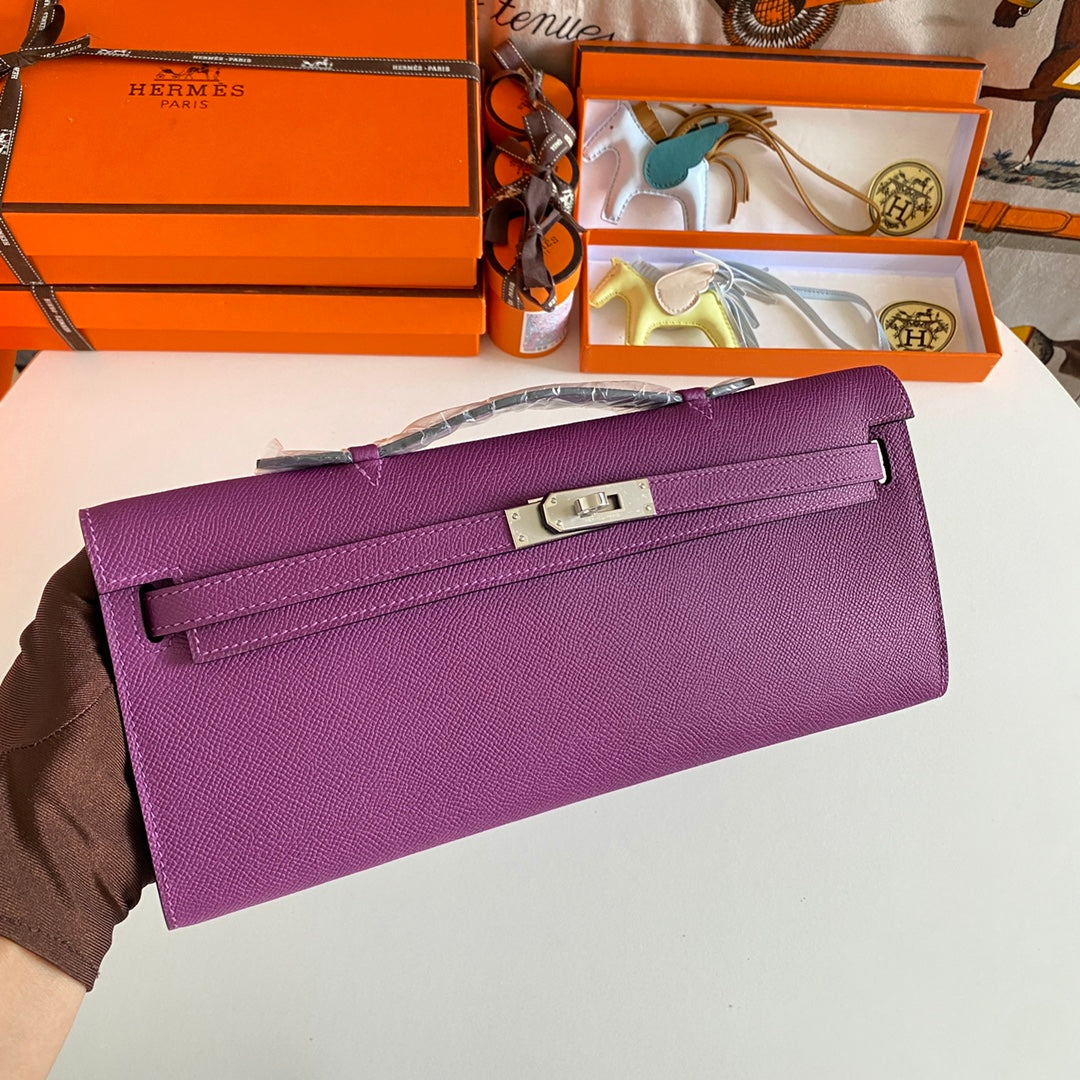 HERMES KELLY CUT 31 IN VIOLET PURPLE CALFSKIN WITH SILVER HARDWARE
