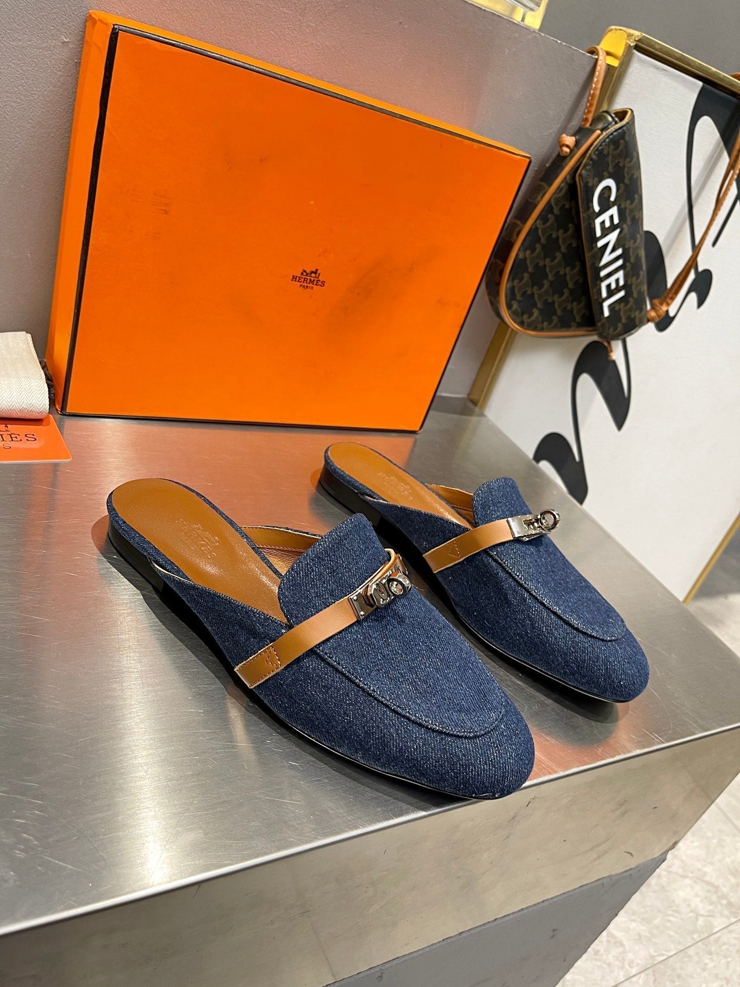 HERMES 0Z MULE TAWNY AND DENIM CALFSKIN