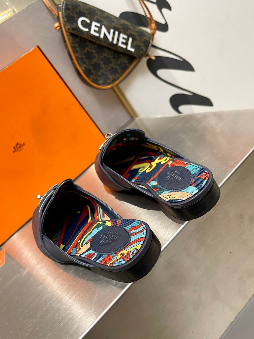 HERMES 0Z MULE INDIGO CALFSKIN WITH PATTERN