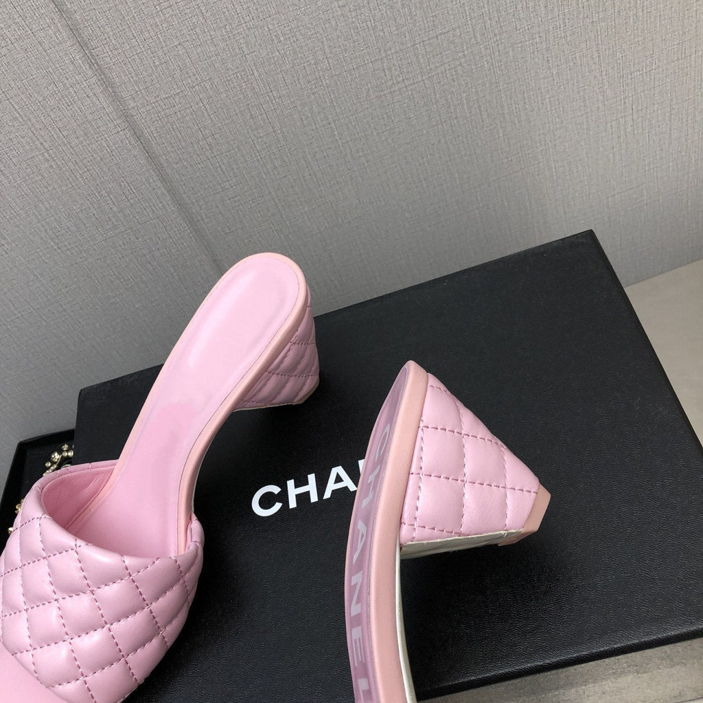 CHANEL rev cone heel mule slide sandal pink quilted lambskin 6cm