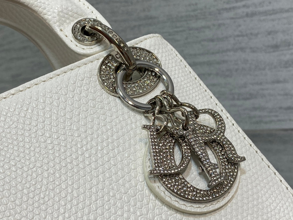 DIOR MINI LADY 17 BAG IN WHITE EMBOSSED LAMBSKIN WITH SILVER CLASP