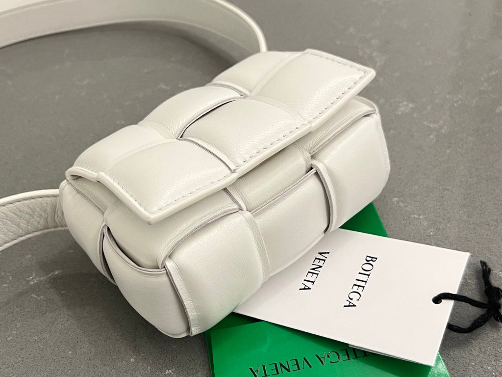 BOTTEGA VENETA MINI CASSETTE 12 IN WHITE LAMBSKIN