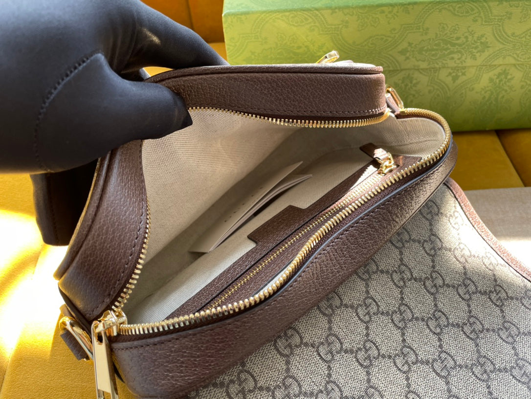 GUCCI OPHIDIA SMALL 23 BAG IN BEIGE AND EBONY SUPREME CANVAS