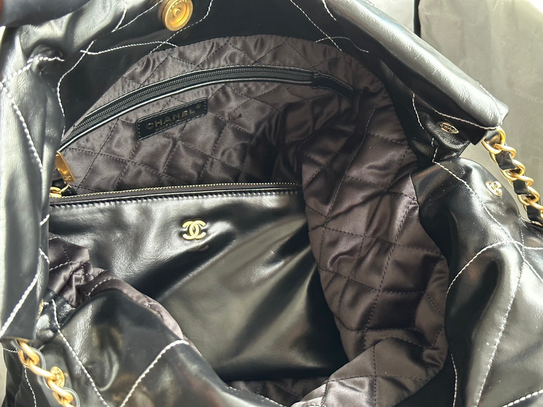 CHANEL LARGE 42 HANDBAG IN BLACK SHINY CALFSKIN GOLD HARDWARE