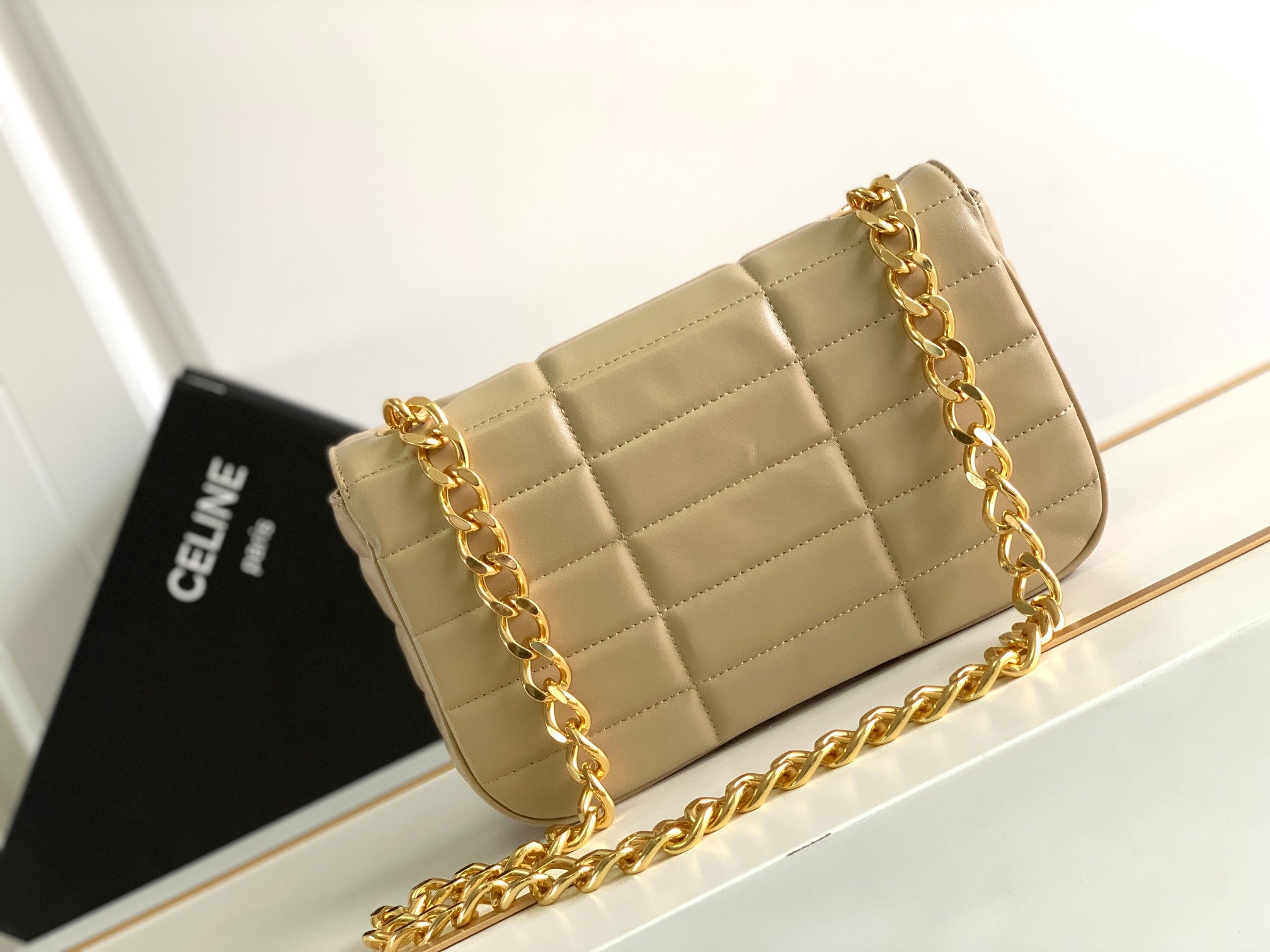 CELINE MONOCHROME 24 QUILTED BEIGE CREAM LAMBSKIN CHAIN SHOUDER BAG