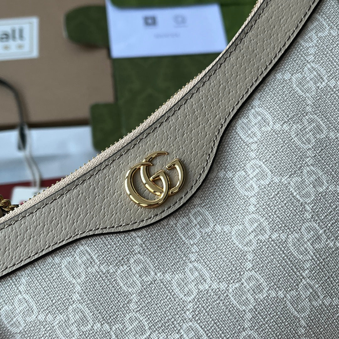 GUCCI OPHIDIA SMALL SHOULDER BAG 25 IN WHITE CANVAS AND OAT LAMBSKIN GOLD HARDWARE