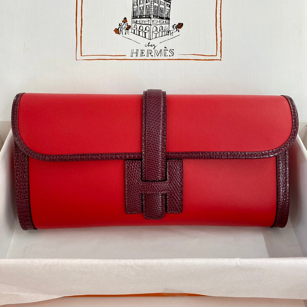 HERMES JIGE ELAN 29 CLUTCH IN CANDY RED CALFSKIN WITH WINE RED LIZARD SKIN