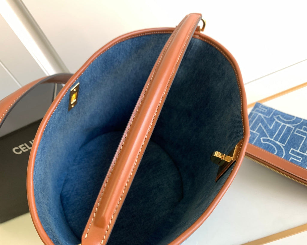 CELINE BUCKET 25 PRINTED DENIM BAG NAVY BLUE