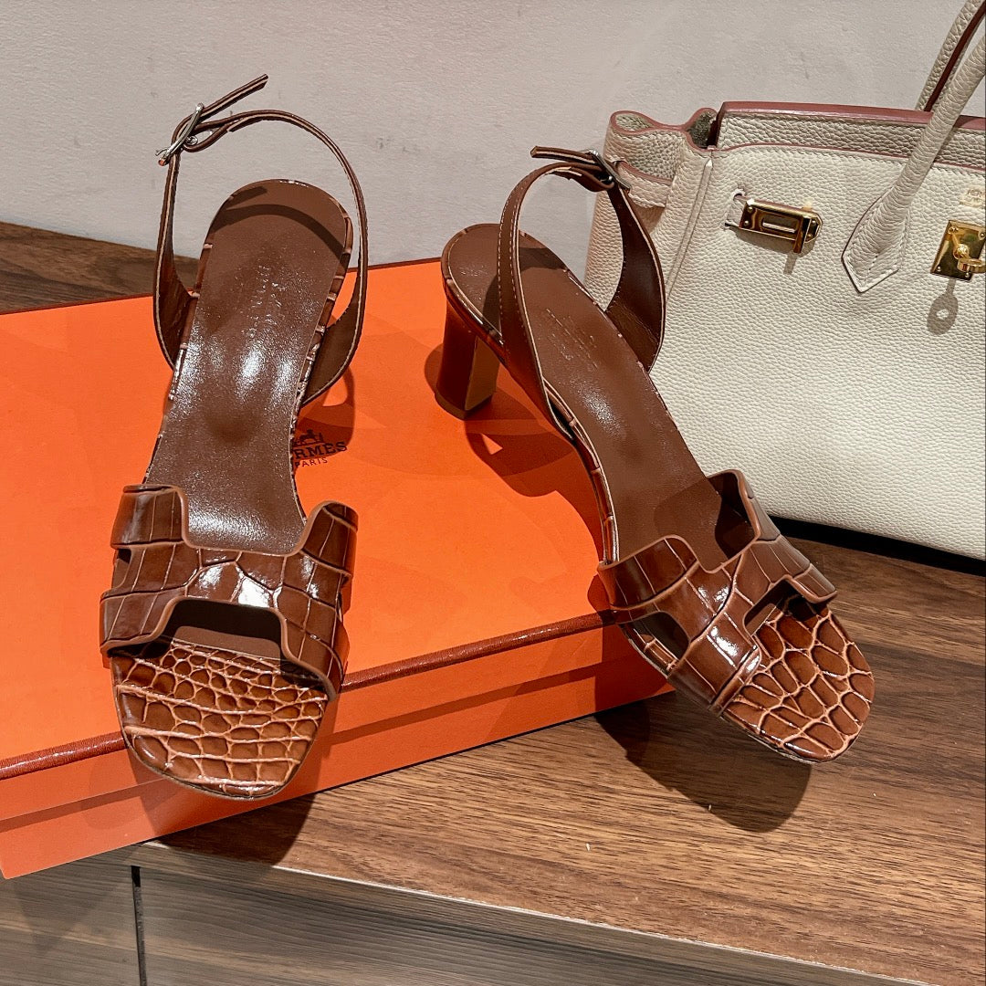 HERMES SLINGBACK ETERNITE 75 BROWN LAMBSKIN AND CROCODILE LEATHER