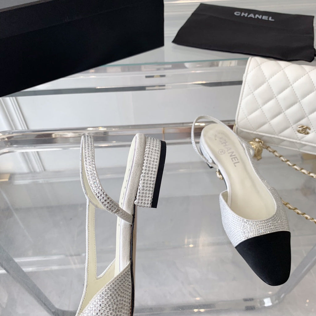 CHANEL Double  Rhinestone Slingback Sheepskin White Black