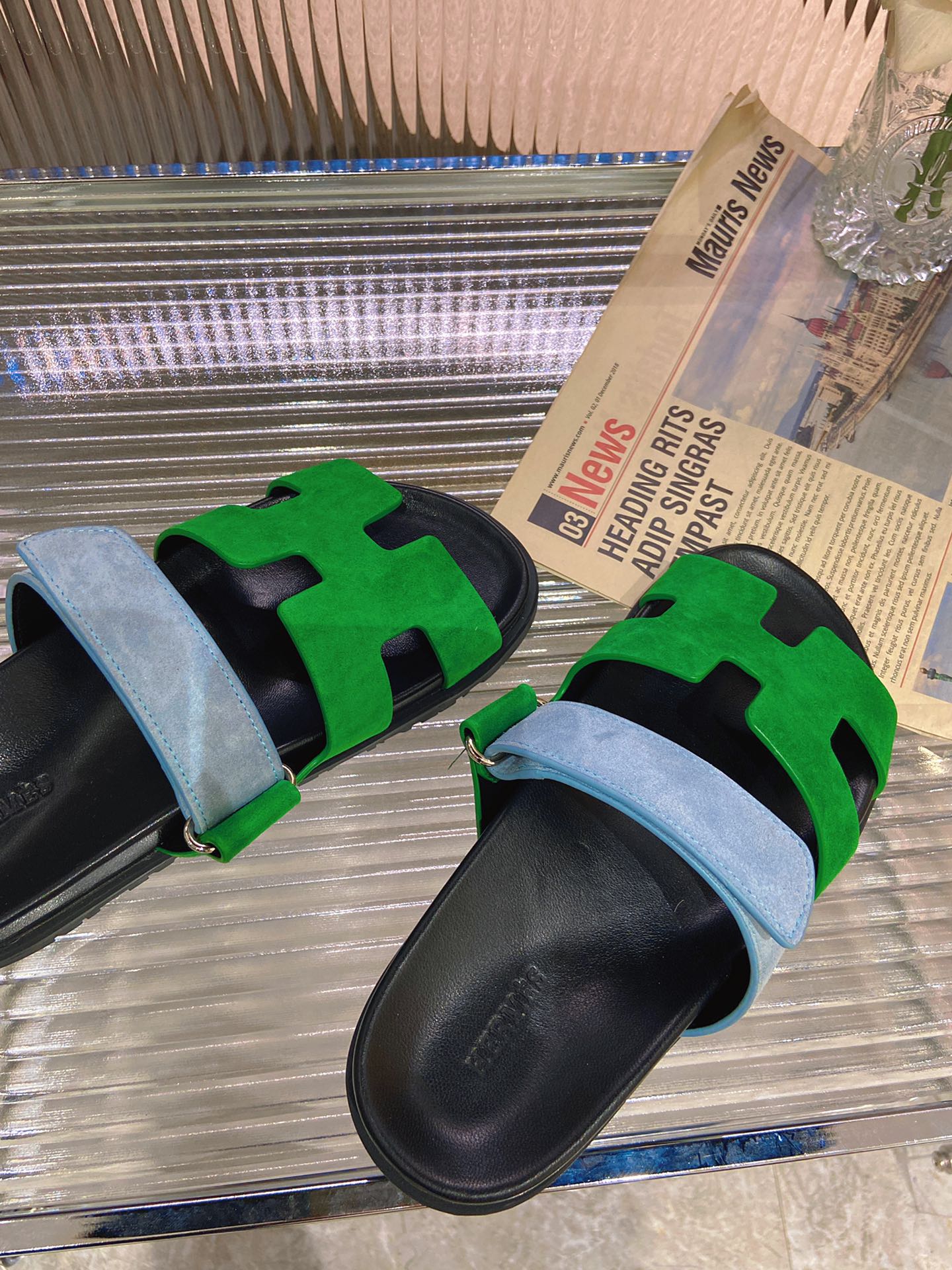 HERMES CHYPRE SANDAL GREEN MIX BLUE SUEDE