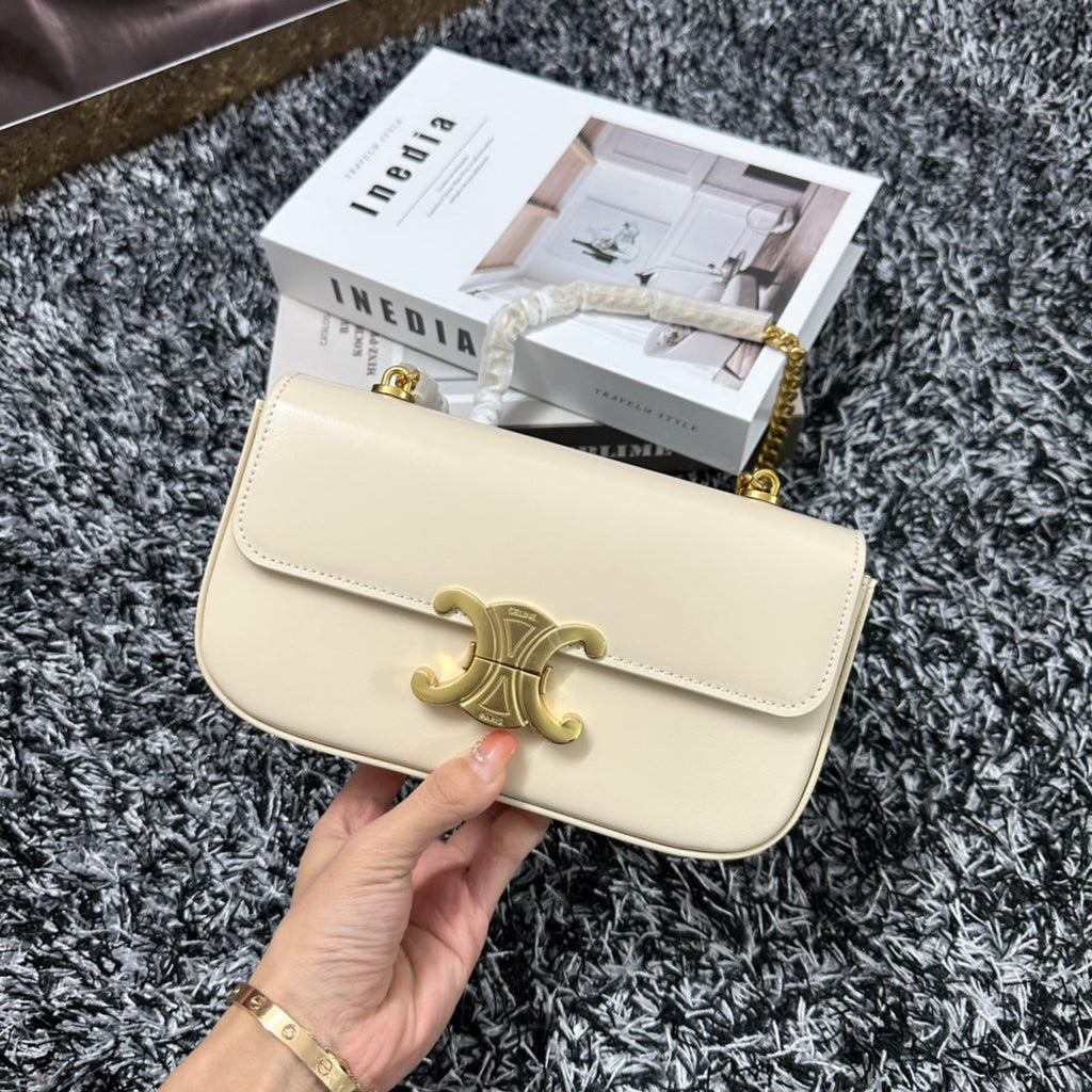 CELINE TRIPHOME 20 WHITE COWHIDE LEATHER CHAIN STRAP BAG