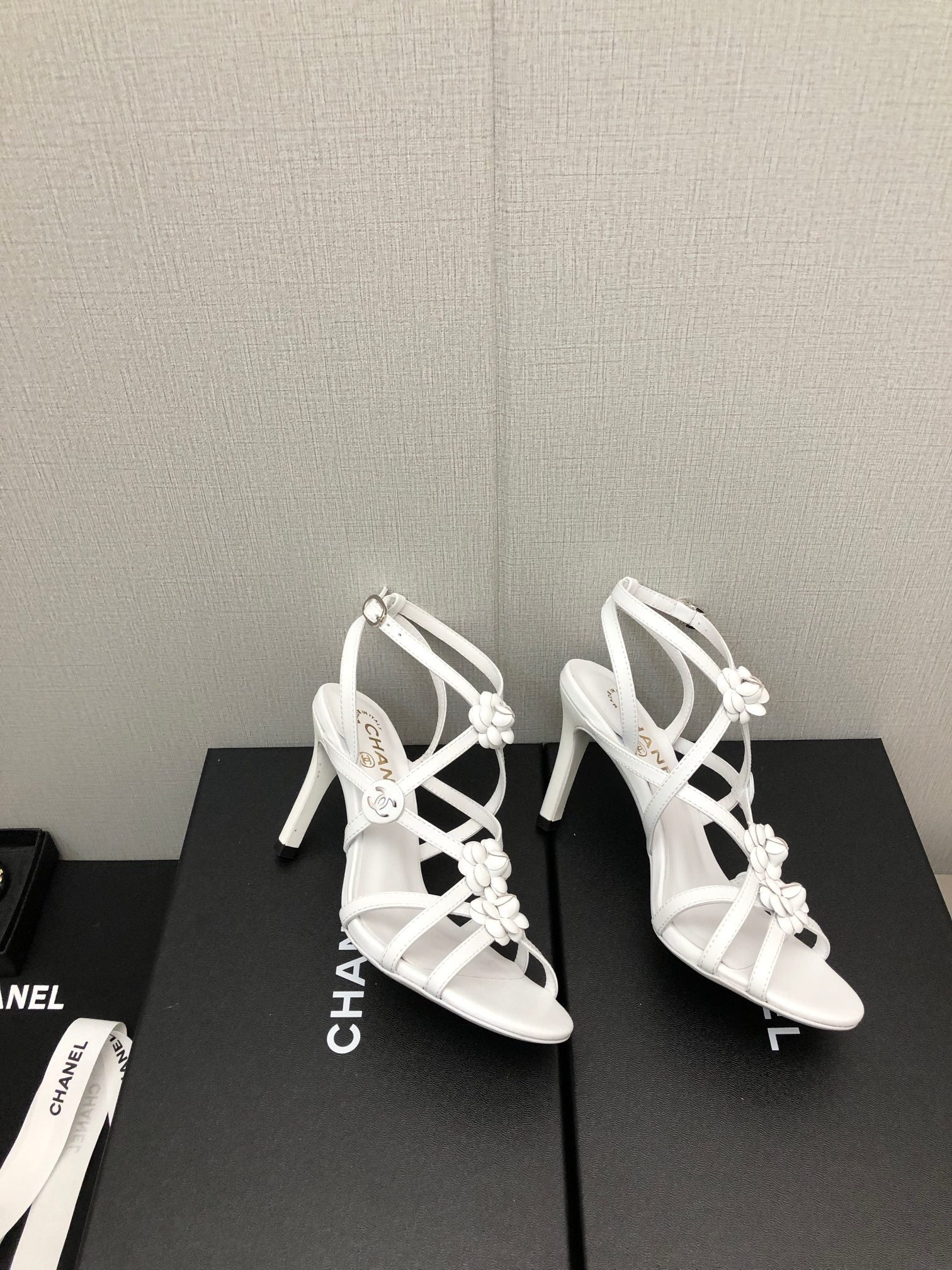 CHANEL FLORAL HIGH HEEL SANDAL IN WHITE LAMBSKIN