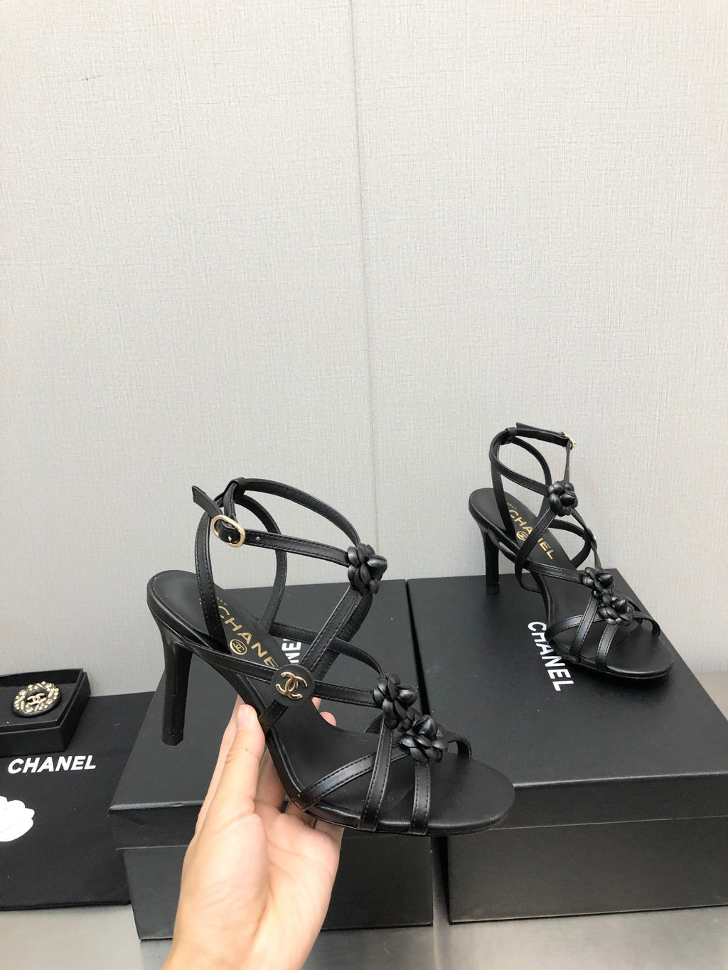 CHANEL FLORAL HIGH HEEL SANDAL IN BLACK LAMBSKIN