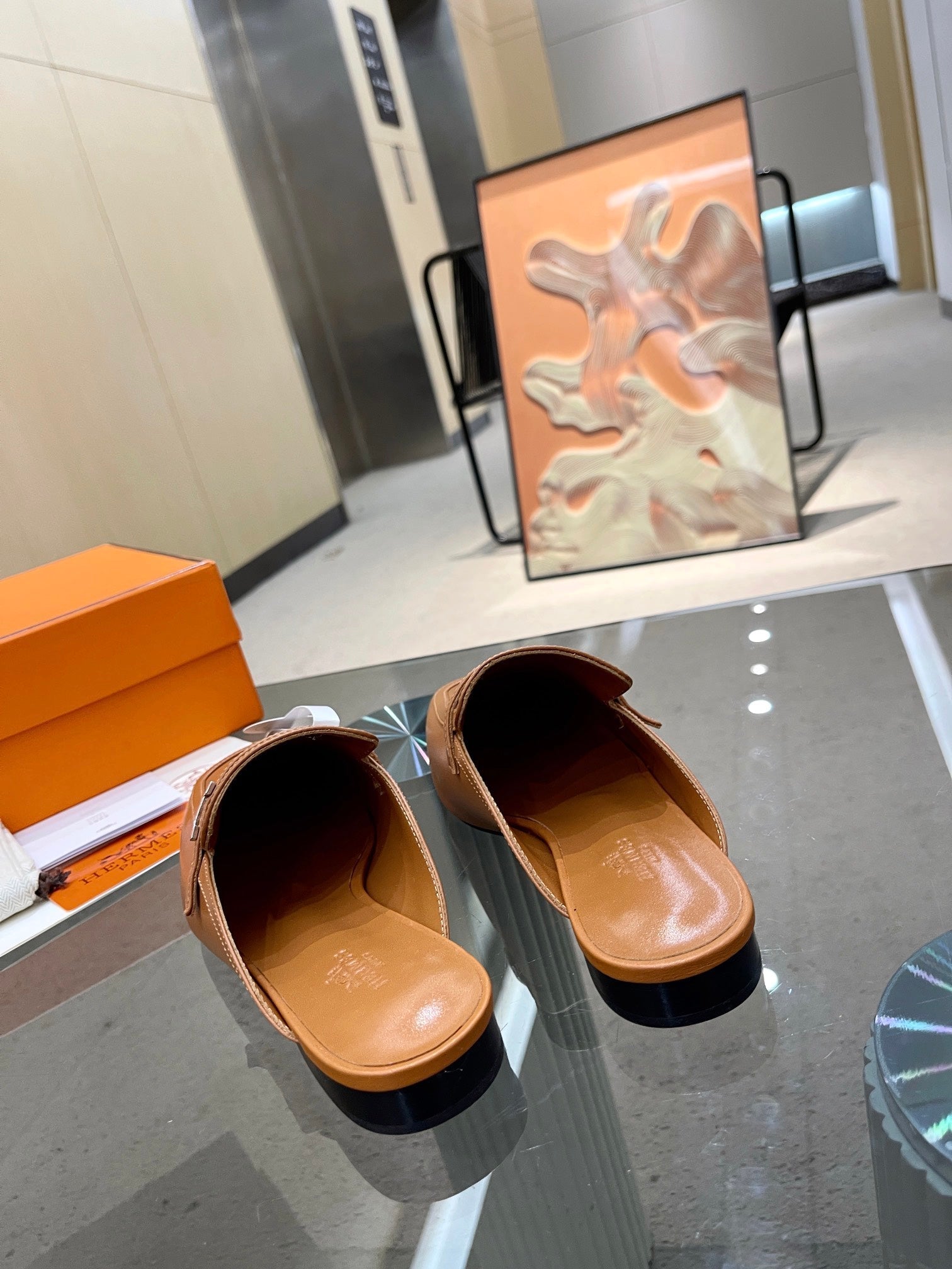 HERMES GROUPIE MULE TAWNY LAMBSKIN